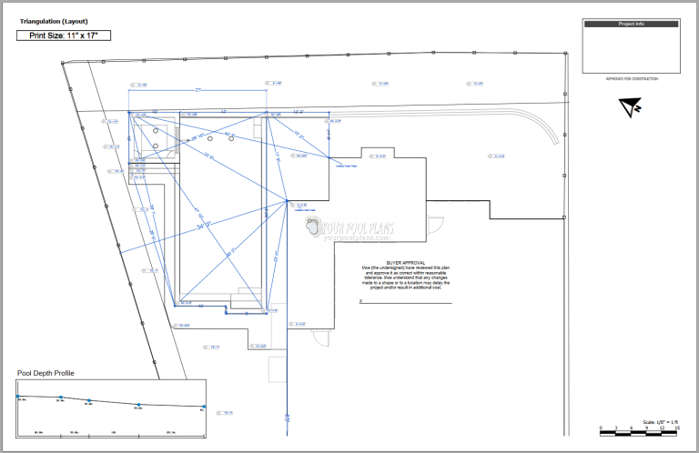 Swimming pool construction plan layout triangulation