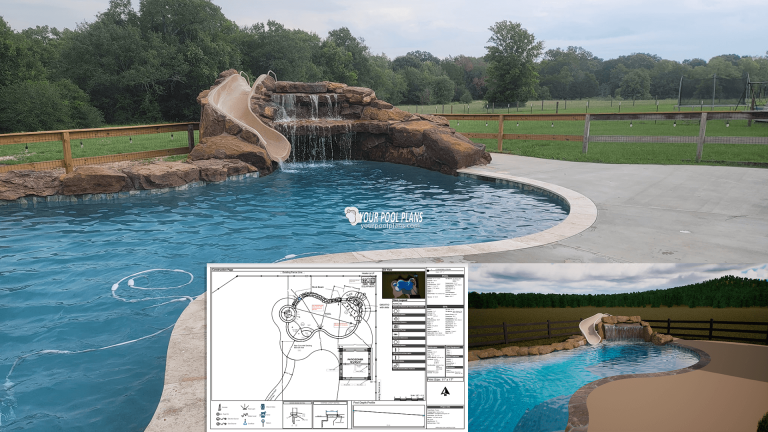 Pool designers online pool permit plans showing before and after finished pool