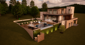modern style vanishing edge swimming pool design plans 3D rendering example at night