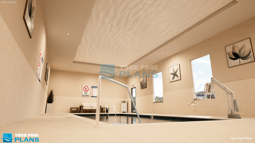 Indoor pool design and plans 3D rendering example