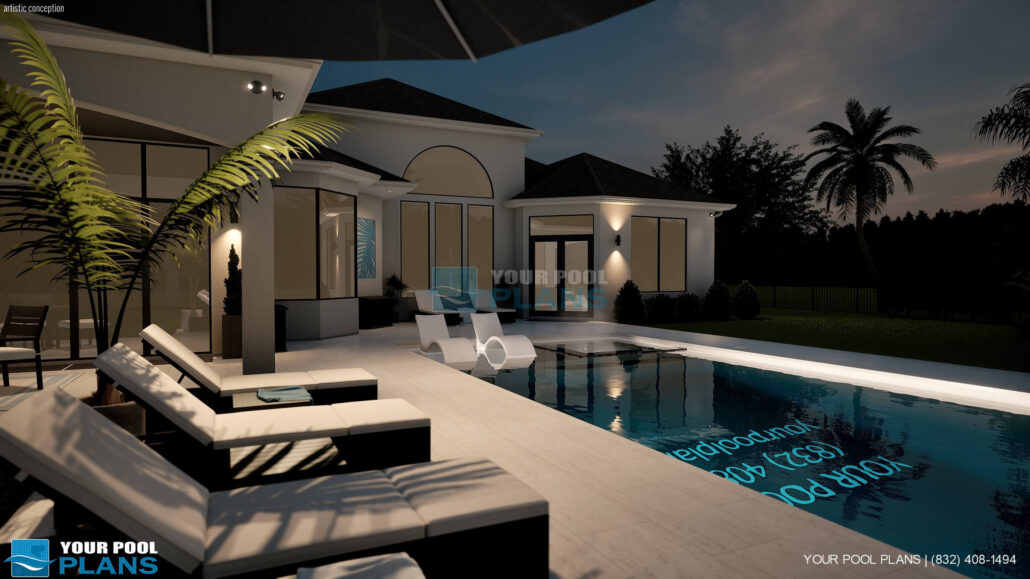 Pool design services in Kansas 3D pool design example dusk view