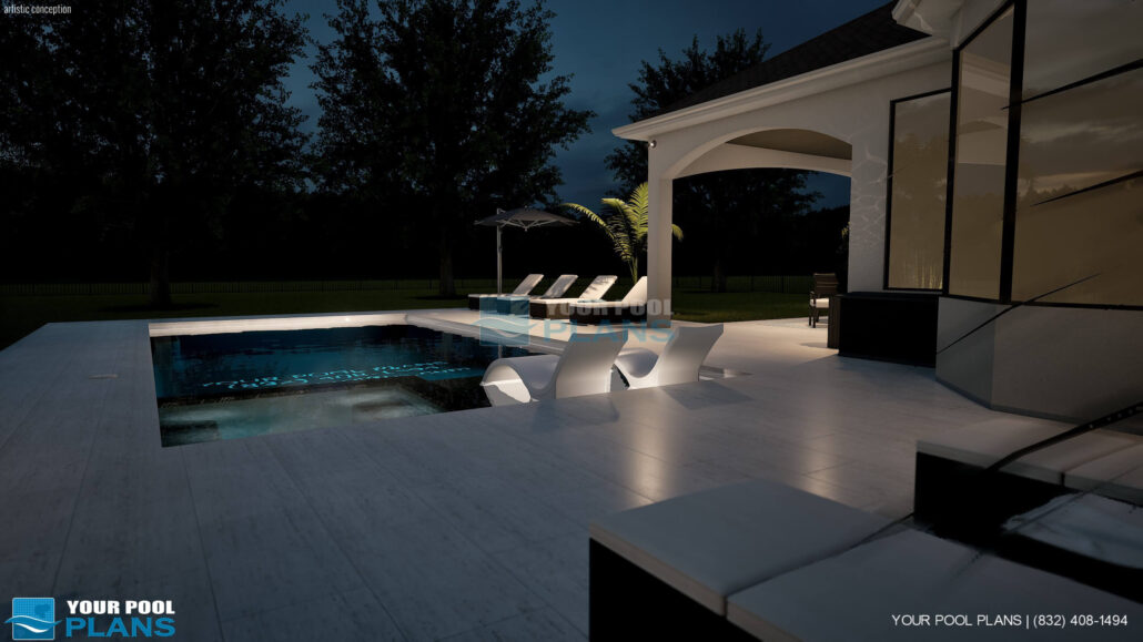 Pool design services in Kansas 3D pool design example night view from patio
