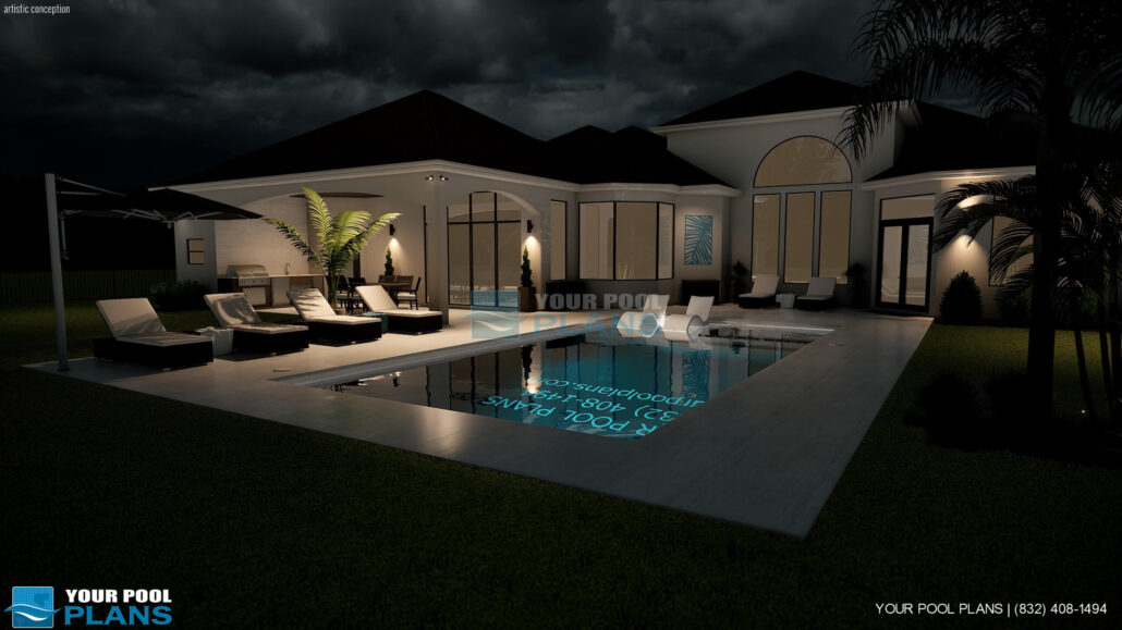 Pool design services in Kansas 3D pool design example view at night